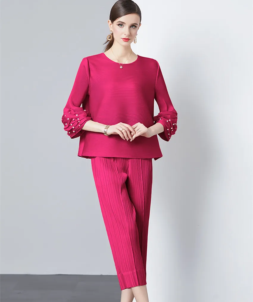 

Miyake Pleated 2 Piece Pant Set 2024 New Summer Rose Red Beaded Flare Sleeve O Neck Loose Tops + Elastic Waist Pencil Pants Suit