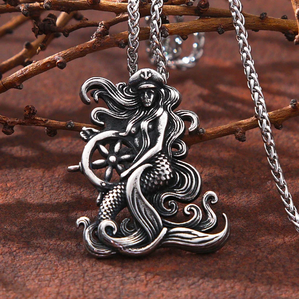 Vintage Pirate Compass Pendant 316L Stainless Steel Captain Mermaid Necklace for Men Fashion Amulet Jewelry Gifts Wholesale