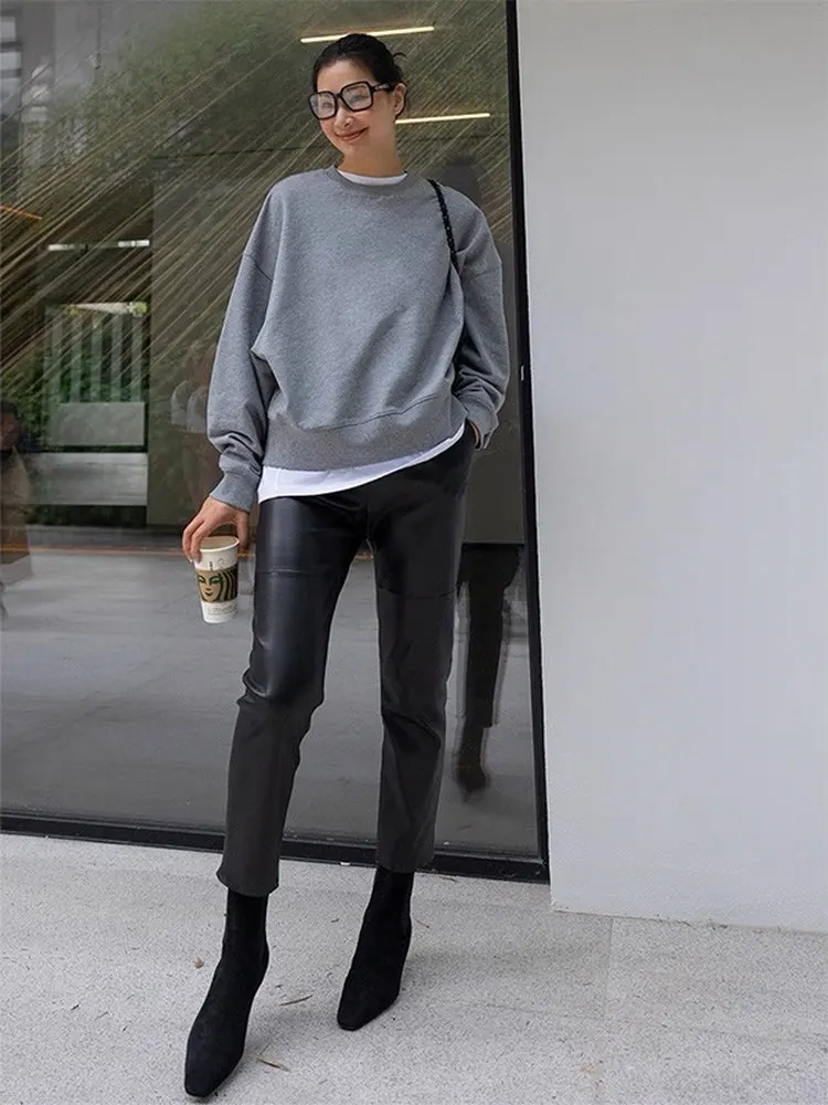 

Ladies Thiened eepskin Leather Pants High Waist Straight Leg Casual Trousers Simple Nine Points Pencil Pants Commute Sle