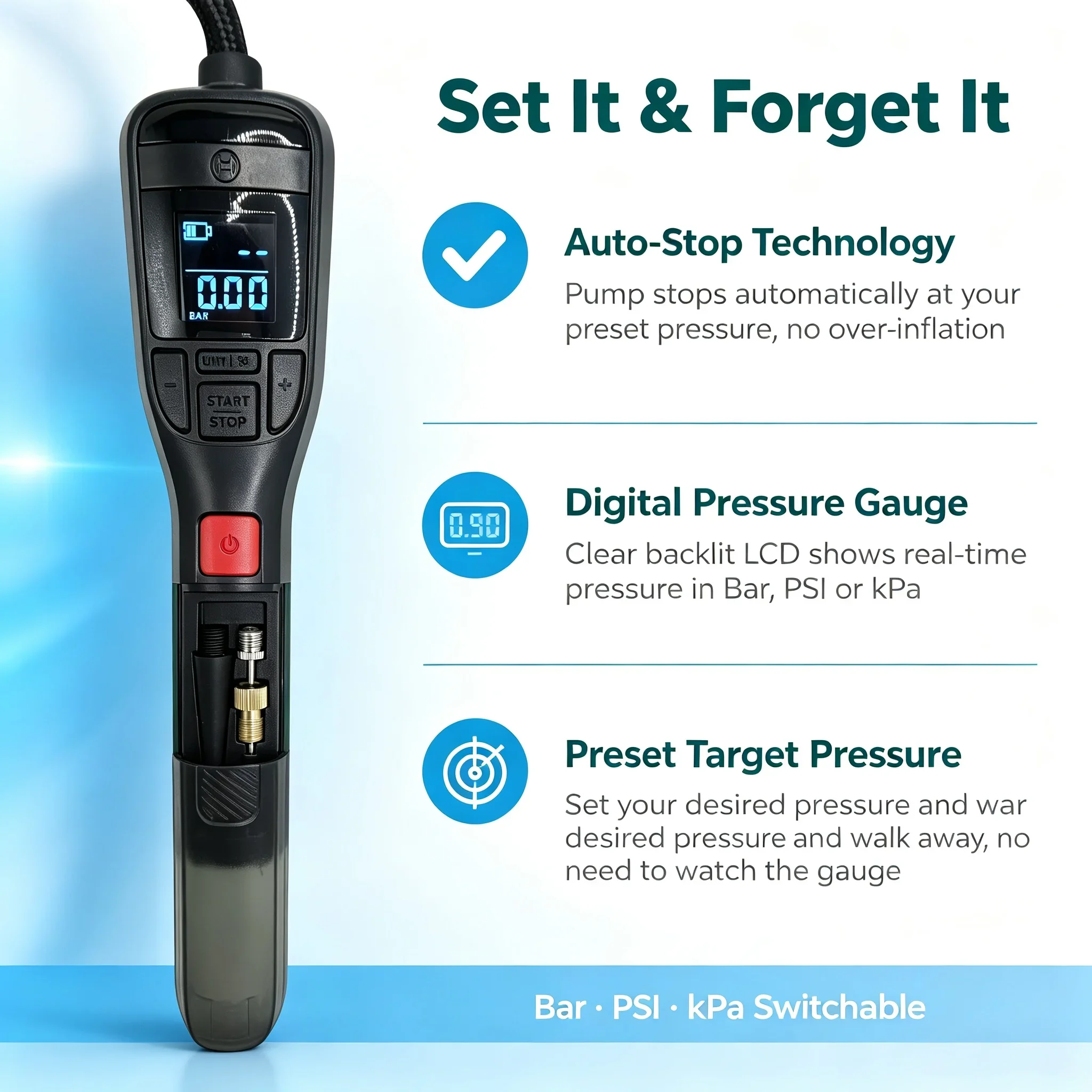 Bosch Electric Air Pump Portable Mini Tire Air Compressor with Led Display for Car Motorcycles Bicycle Swimring Tire Inflator