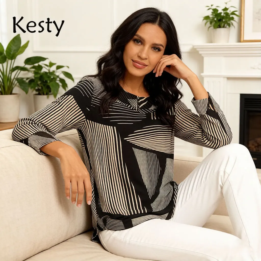

Women Geometric Print Blouse Black Beige V Neck Mesh Sleeve Top with Frill Cuff Elegant Casual Office Shirt