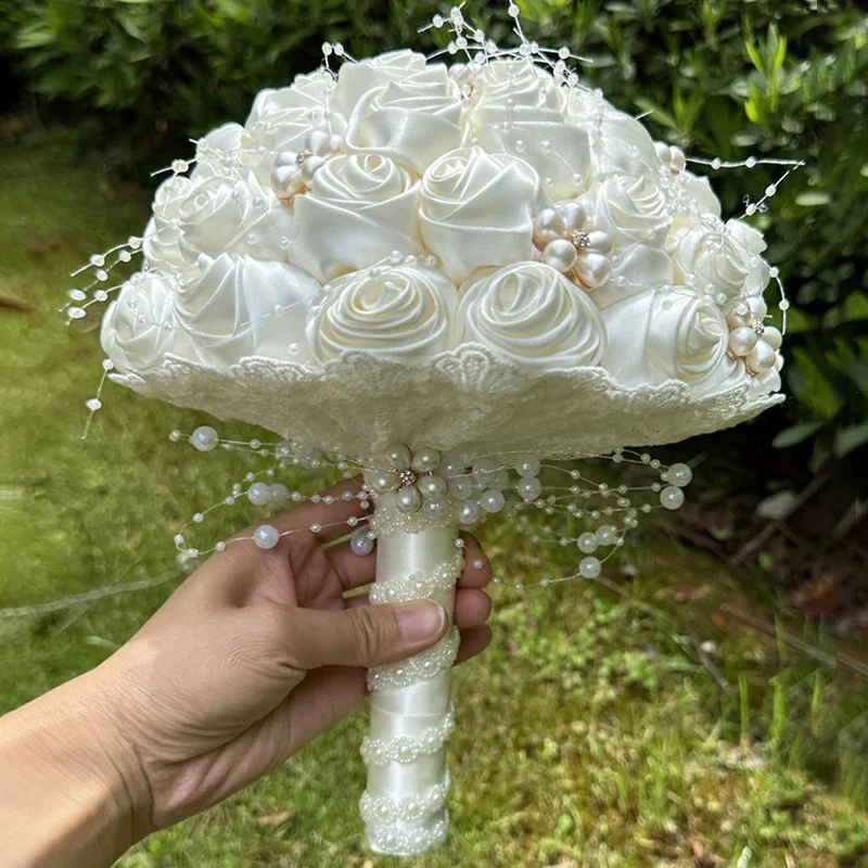 1pc Silk Rose Wedding Bouquet for Bride Bridesmaid Bouquet Pearl Ribbon Valentine's Day Confession Party Church Decoration Prop