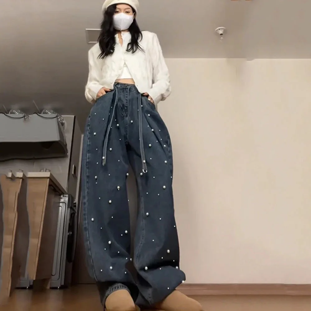 2025 Women Pearls Jeans Harajuku Y2k 90s Aesthetic Vintage Baggy Denim Trousers 2000s High Waist Wide Jean Pants Trashy Clothes