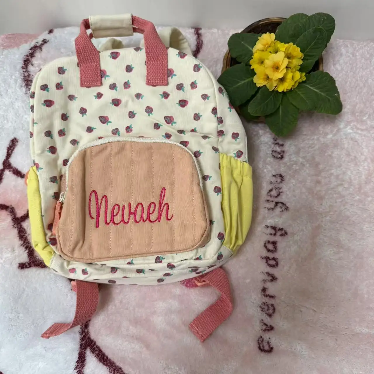 Popular Embroidered Strawberry Campus Bag, Personalized Custom Snack Bag for Girls Going Out, With Name/Cotton Canvas Backpack