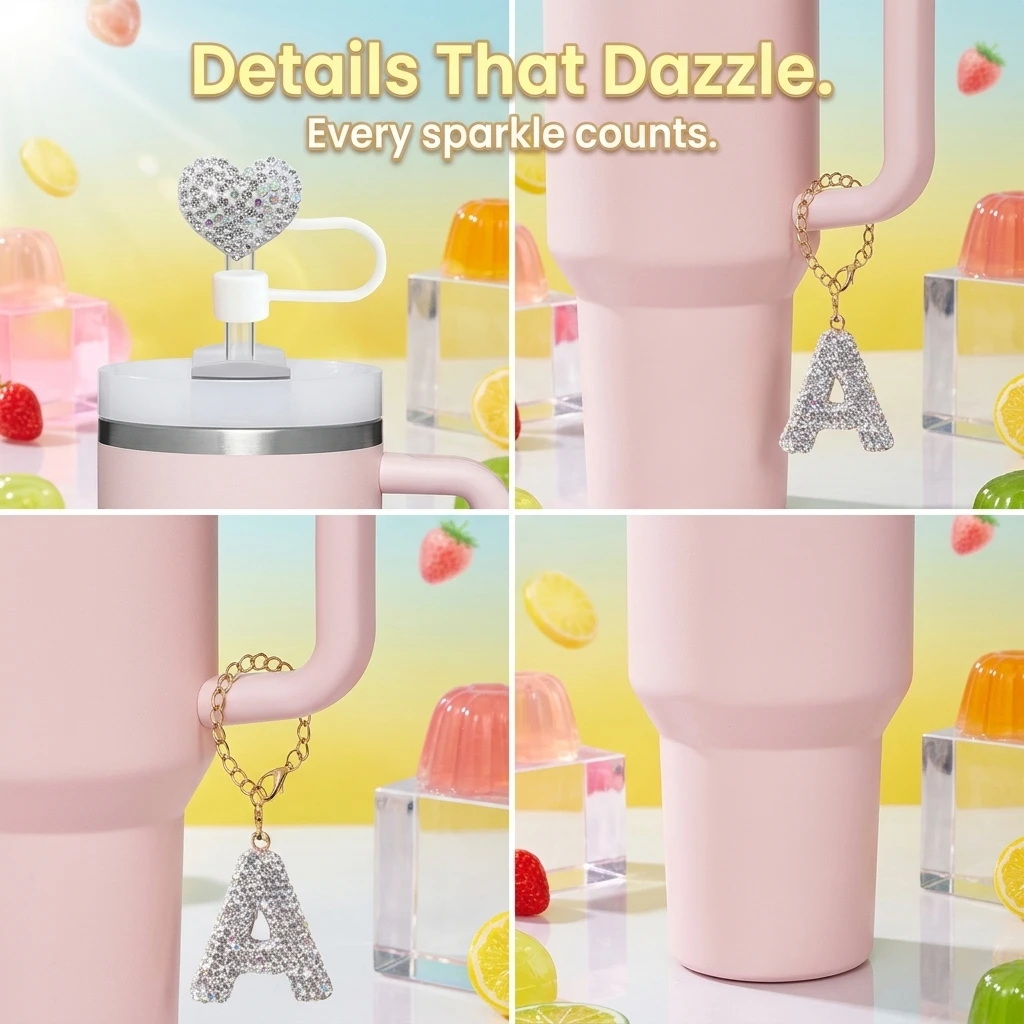 Bling Straw Topper Cover and Diamond Initial Letter Charm for Stanley 30oz 40oz Tumbler Cup Water Bottle for Cup Decoration