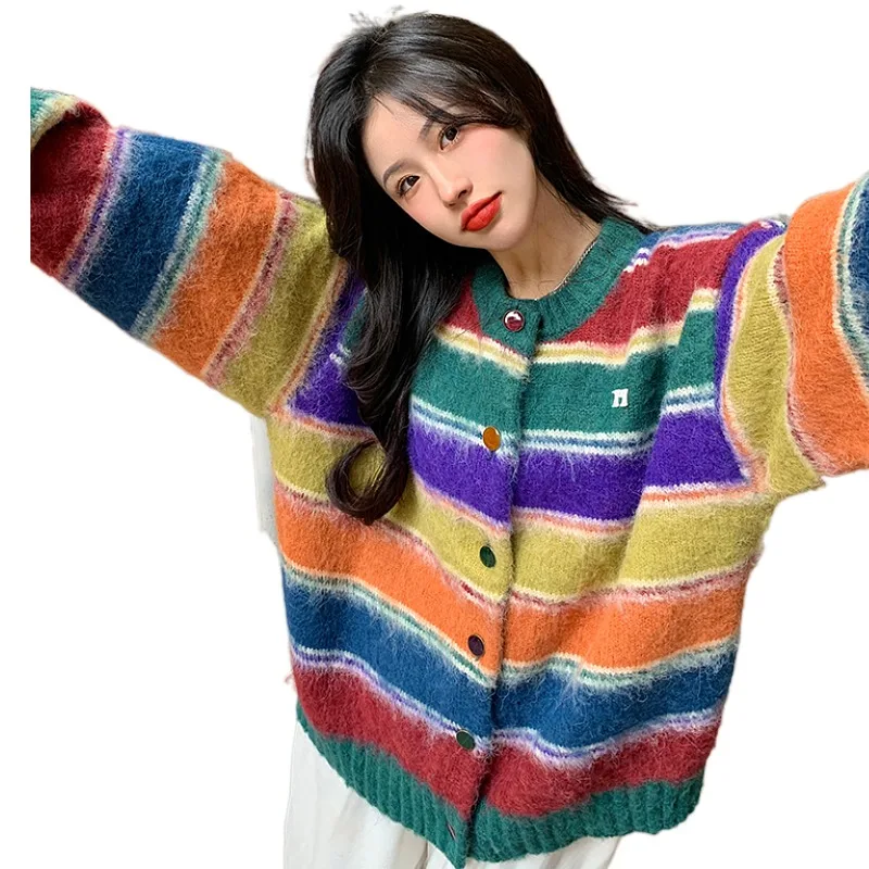 Plus Size Plus size Temperament Retro Rainbow Stripe Cardigan sweater Women Autumn and Winter New Age-Reducing Sweet Long sle...