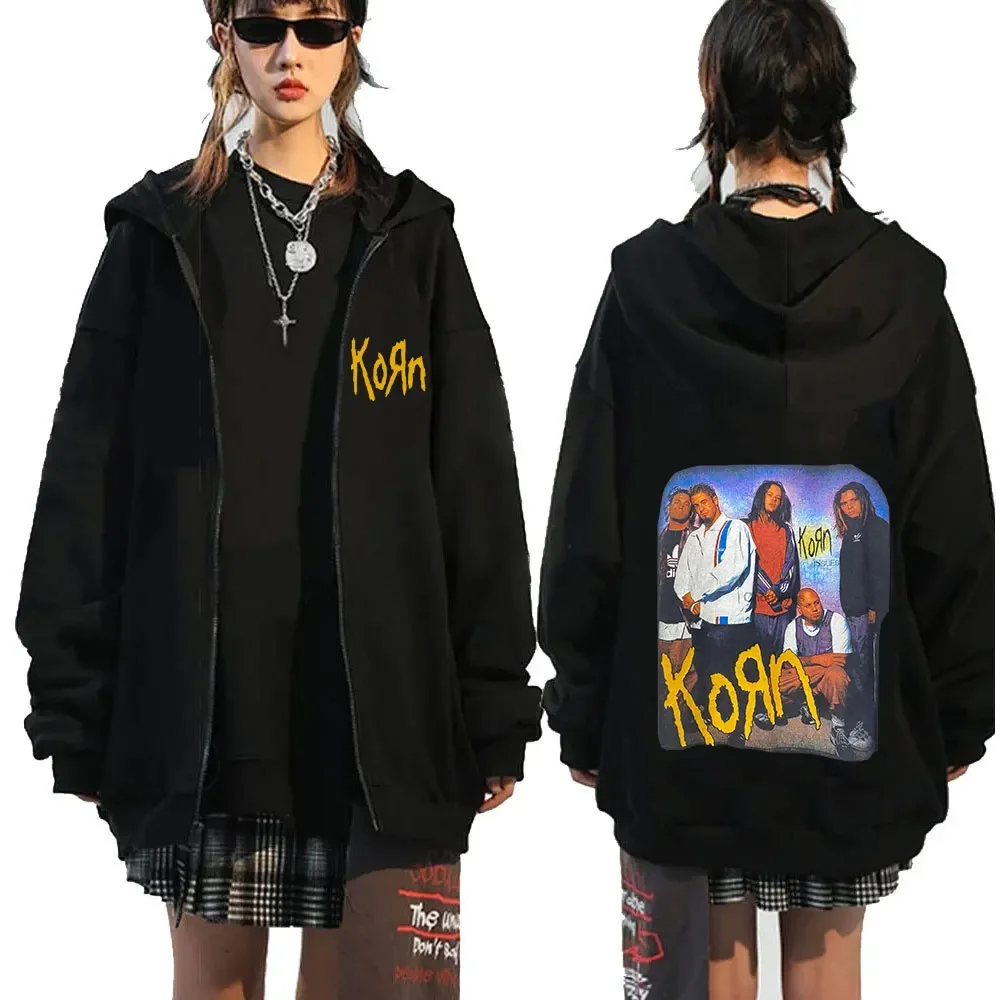 Korn Hip Hop Vintage Gothic Zipper Hoodies For Men Women Streetwear Punk Casual Oversized Sweatshirt Zip Up Jacket Coats