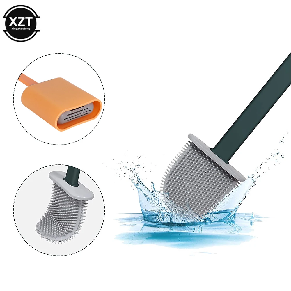 With Base Toilet Brush Silicone WC Cleaning brush Flat Head Flexible Soft Bristle Brush with Quick Drying Holder Set