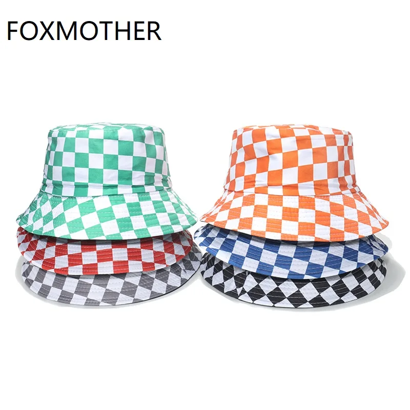 FOXMOTHER New Fashion Women Men Summer Black Red Fisherman Caps Reversible Outdoor Plaid Check Bucket Hat Dropshipping