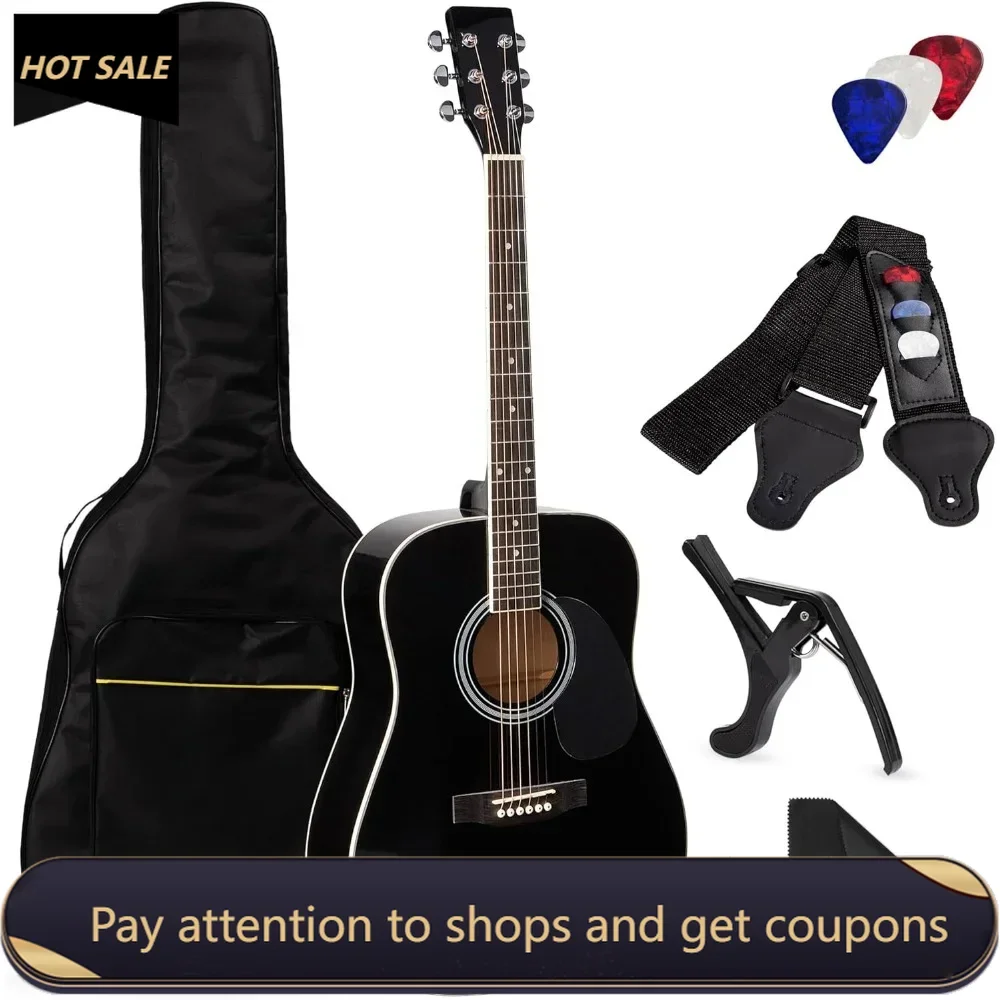 

41in Full Size Beginner All Wood Acoustic Guitar Starter Set w/Case, Strap, Capo, Strings, Picks - Black Freight free