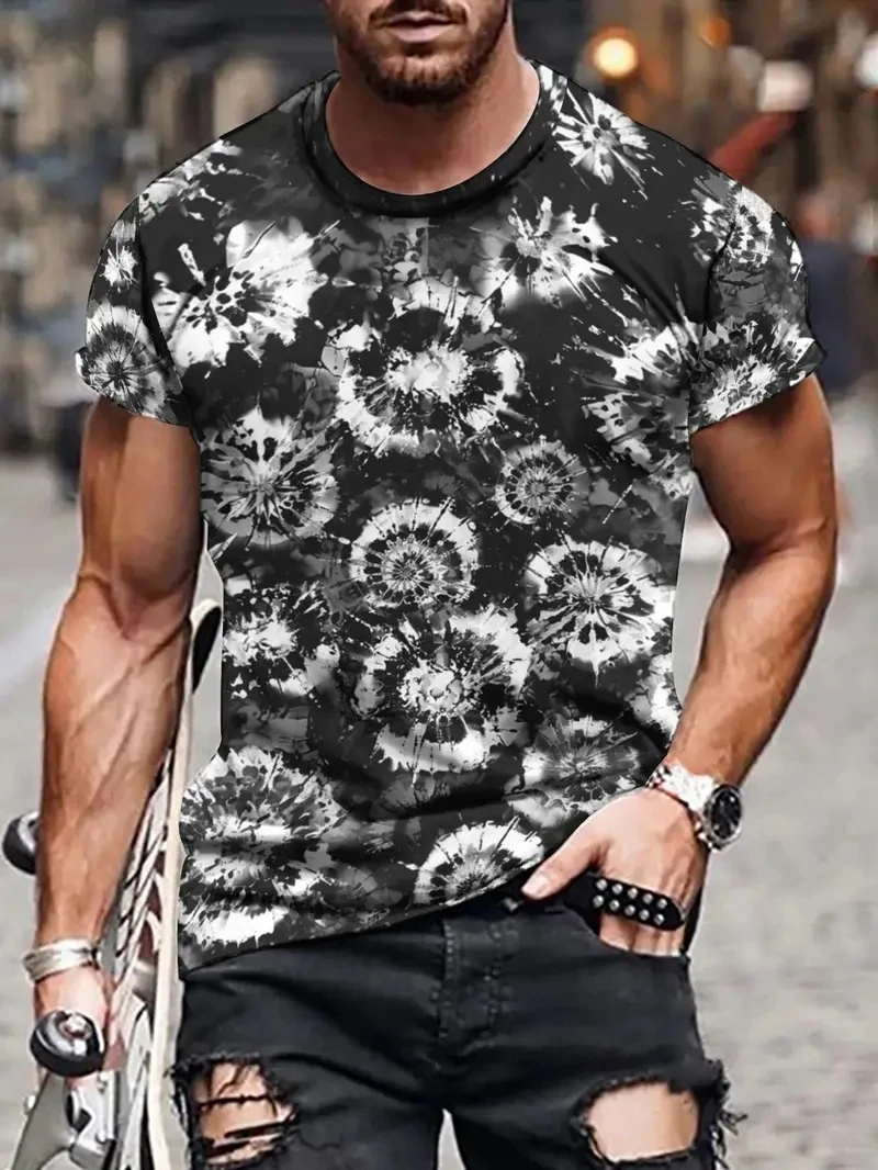 

3D Tshirts For Men Vintage T-shirt Street Black White Fireworks Printed Short-sleeved Loose Oversized T-Shirt Tops Tees