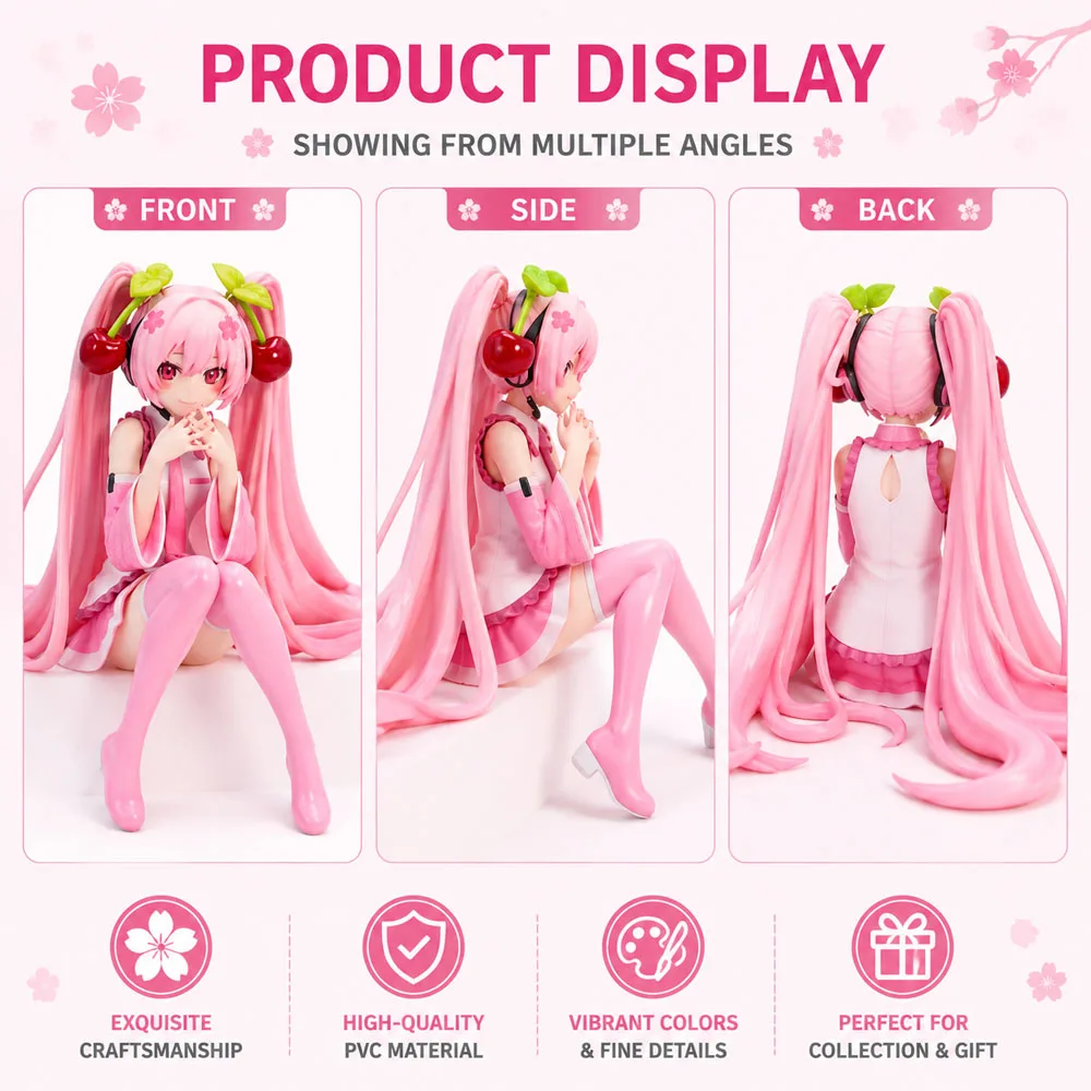 Hatsune Miku Anime Character Sitting Pink Dress PVC Dynamic Doll Model Toy Cherry Flower Decoration Handmade Collection Gift image 4
