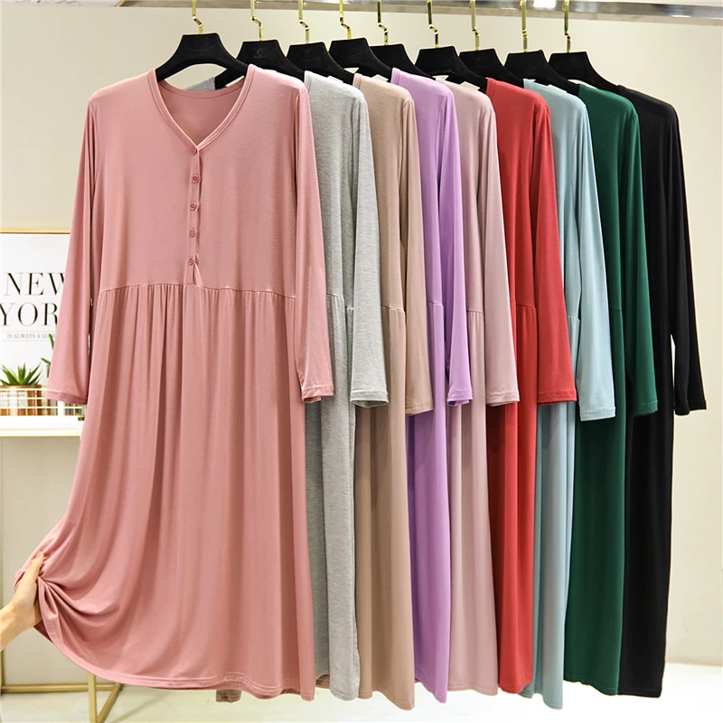 2024 Early Autumn V-neck Long sleeve dress Women Modal Loose Button Base Skirt Outer Wear Home Big Hemline Skirts