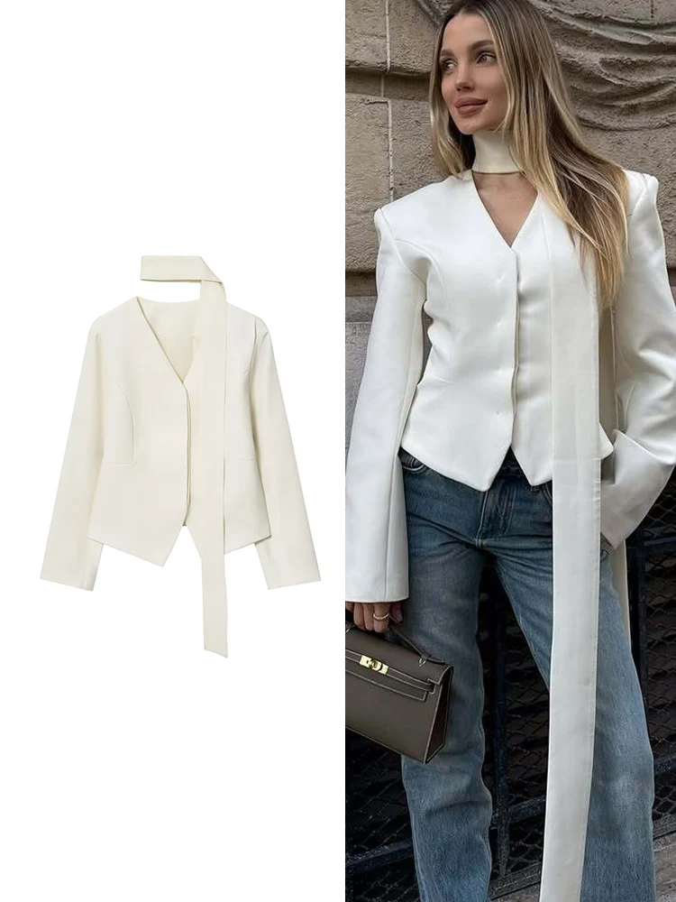 

TFMLN женский костюм-шарф с v-образным вырезом, пальто с длинным рукавом, закрывающий талию, однобортный пиджак, новое женское повседневное пальто для поездок на работу