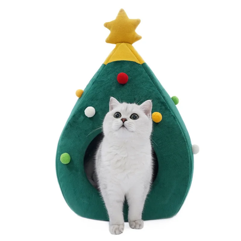 Cat Nest Christmas Tree Enclosed Cat House Villa Warm Cozy Plush Pet Bed For Winter Warmth Removable And Washable Pet Supplies