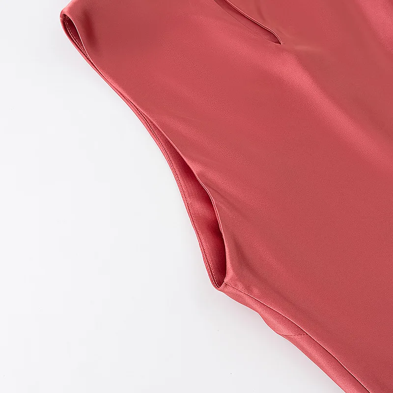 Women's Satin Pleated Midi Dress Half Turtleneck Slim Back Hollow High Waist Solid A-line Dress Spring Summer New Chic Top