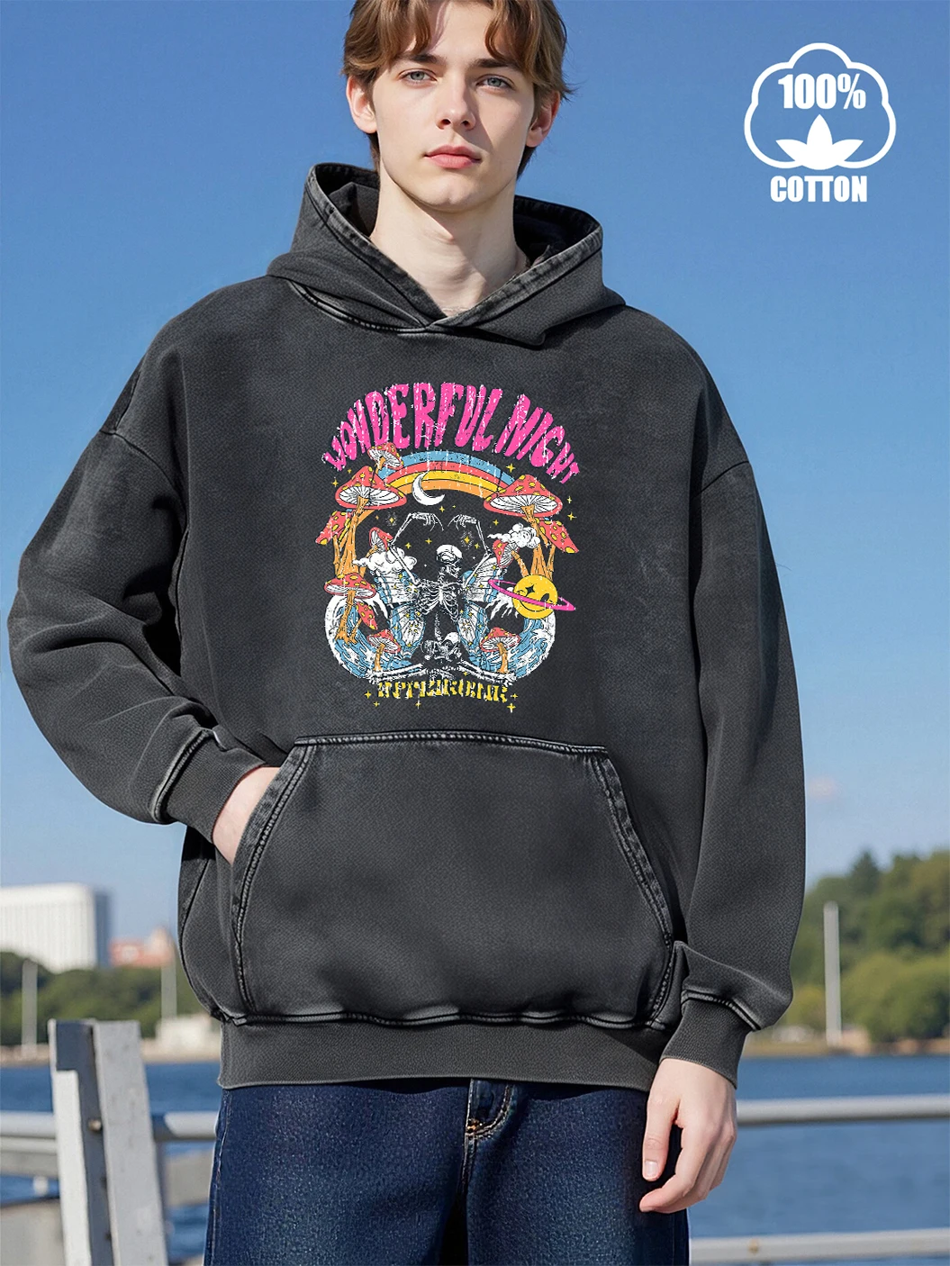 Wonderful Night Happy Skeleton Print Men Autumn Sweatshirt Warm Cotton Hoodie Fashion Loose Streetwear Hip Hop Soft Clothes