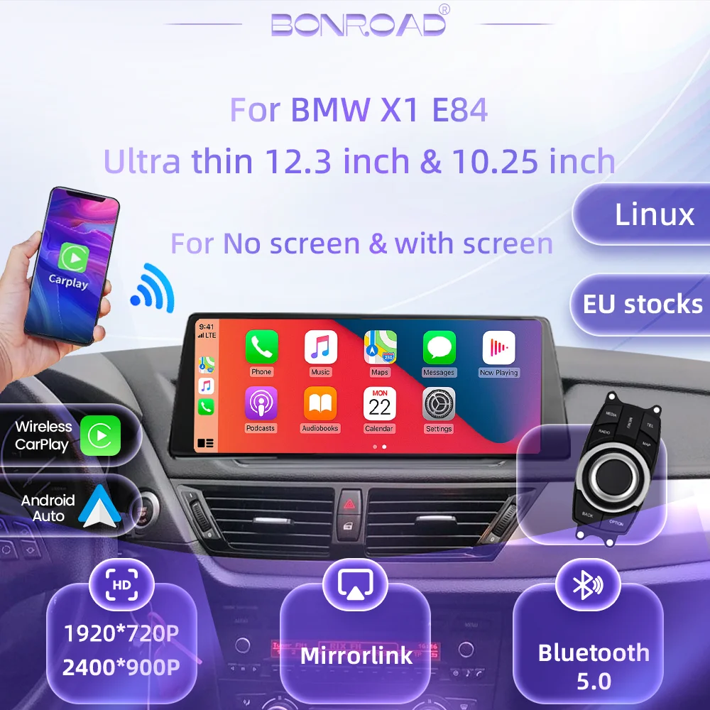 BONROAD 10.25'' 12.3'' 1920*720P 2400*900P Autoradio Multimediale con Schermo Touch, CarPlay Wireless, Android Auto, Linux, per BMW X1 E84, Display di Navigazione GPS, Stereo, Mirrorlink, Airplay,