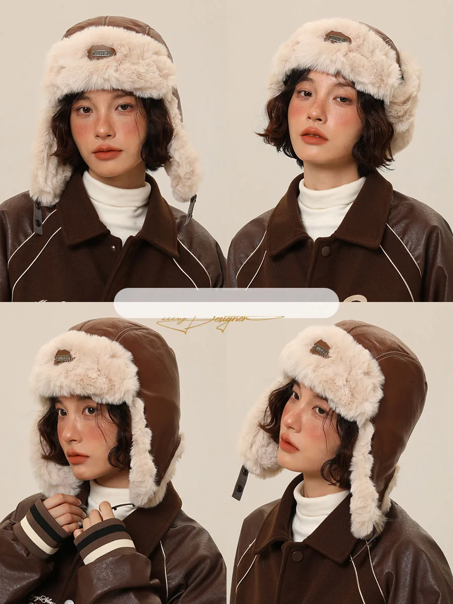 Autumn and Winter Hats Lei Feng Hat for men and Women, Retro Leather Pilot Hat with Velvet Ear Protection, Riding Motorcycle Hat