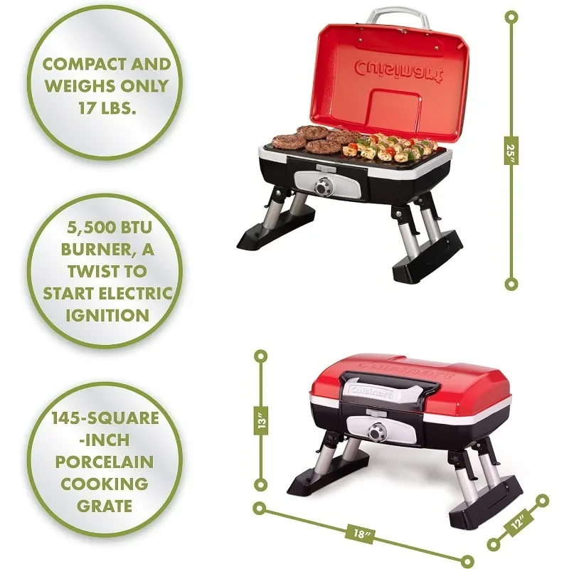 Petit Gourmet Portable Tabletop Propane Gas Grill, Red 17.6 x 18.6 x 11.8-Inch