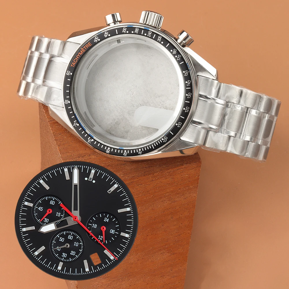 

VK63 Chronograph Silver Case Strap 32.5mm VK63 Dial 6 Hands Green Luminous For Speed Master Case VK63 Quartz Movement Waterproof