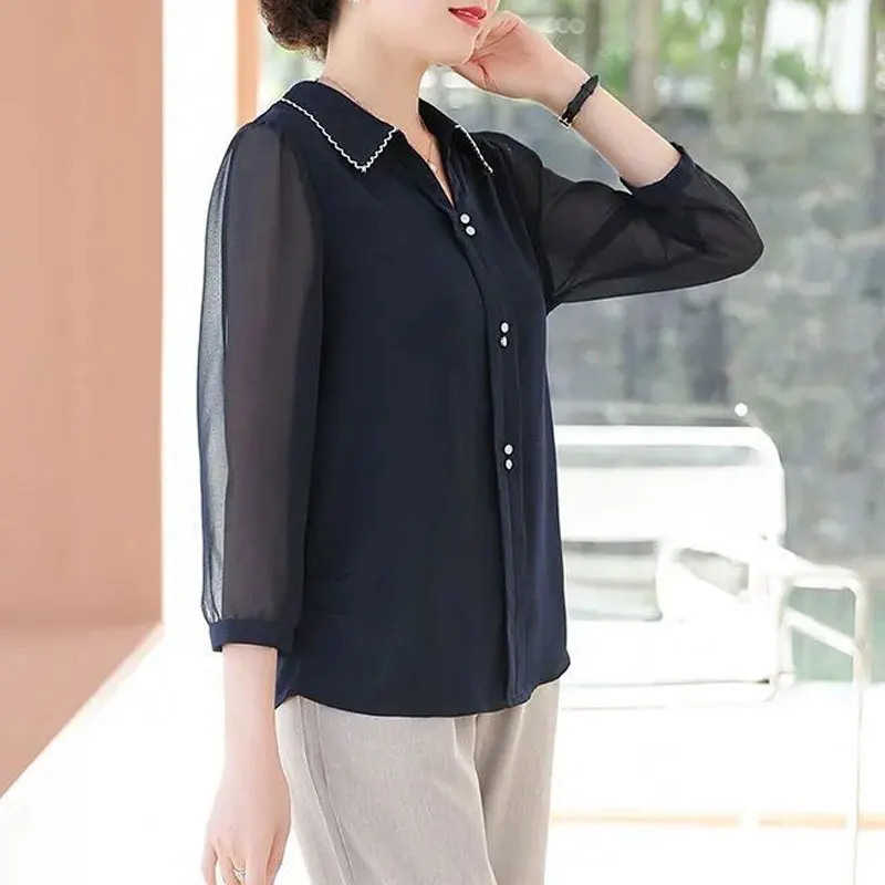 Women's Clothing Casual Solid Color Chiffon Blouse Elegant V-Neck Fashion Long Sleeve Spring Summer Spliced Chic Button Shirt