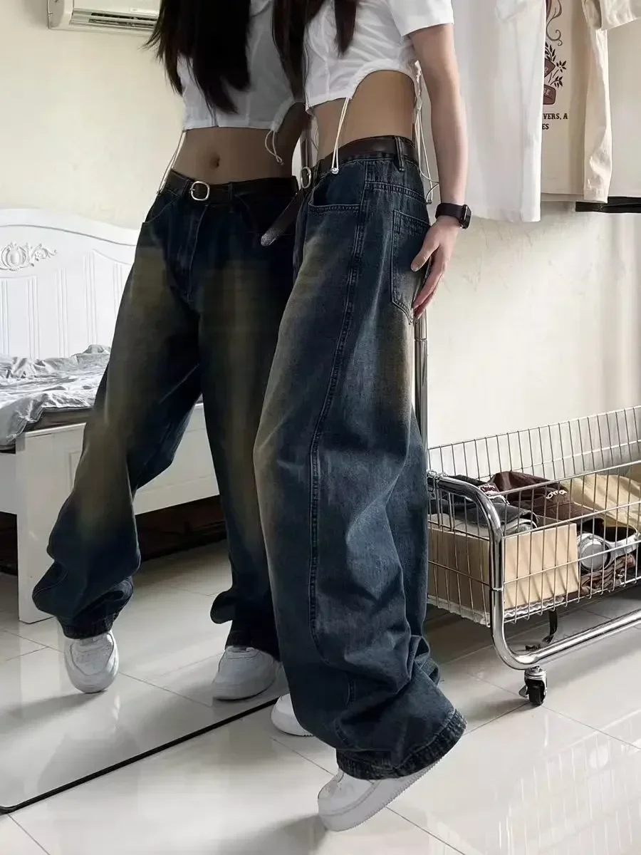 

Женские джинсы, новые потертые джинсовые брюки полной длины с широкими штанинами, винтажные джинсовые брюки с карманами на молнии, свободная посадка