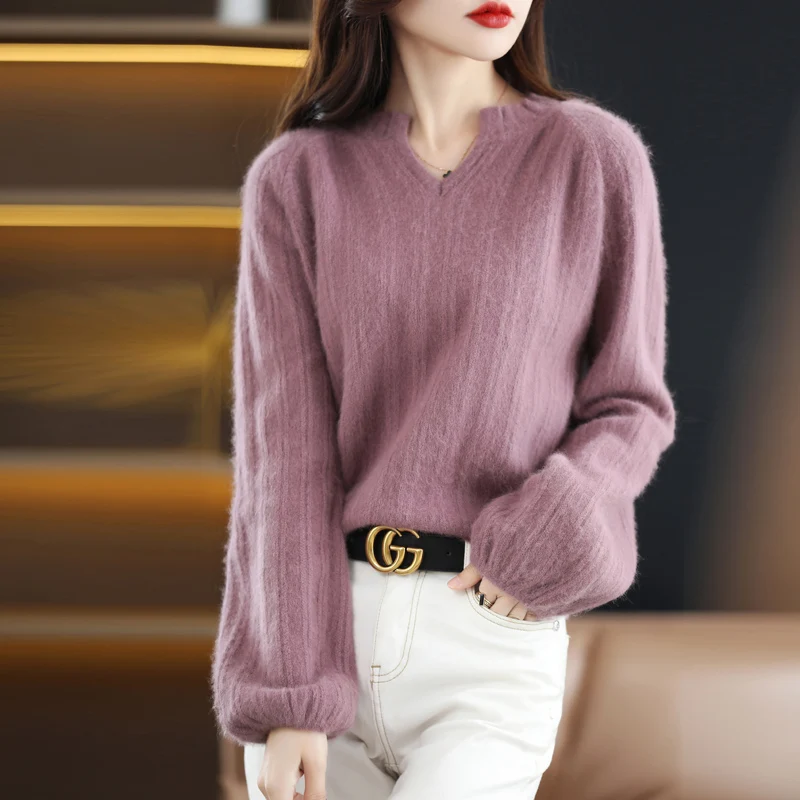 100% Mink Cashmere Soft Lantern Sleeve Sweater Women V-neck Pullover Casual Knit Autumn Winter Warm Solid Color Loose Top