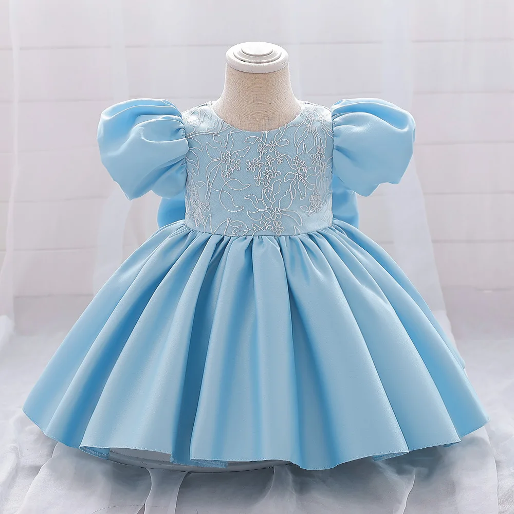 Vestido de princesa elegante para niña pequeña, fiesta de cumpleaños, boda, vestido de bola Floral con lazo, apliques para niños, Vestido de manga de burbuja