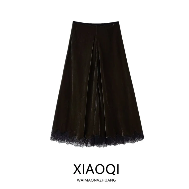 

High Waist Velvet Lace f Skirt Women's Faion Design Winter New Arrival Ci Commute A-Line Loose Fit Skirt