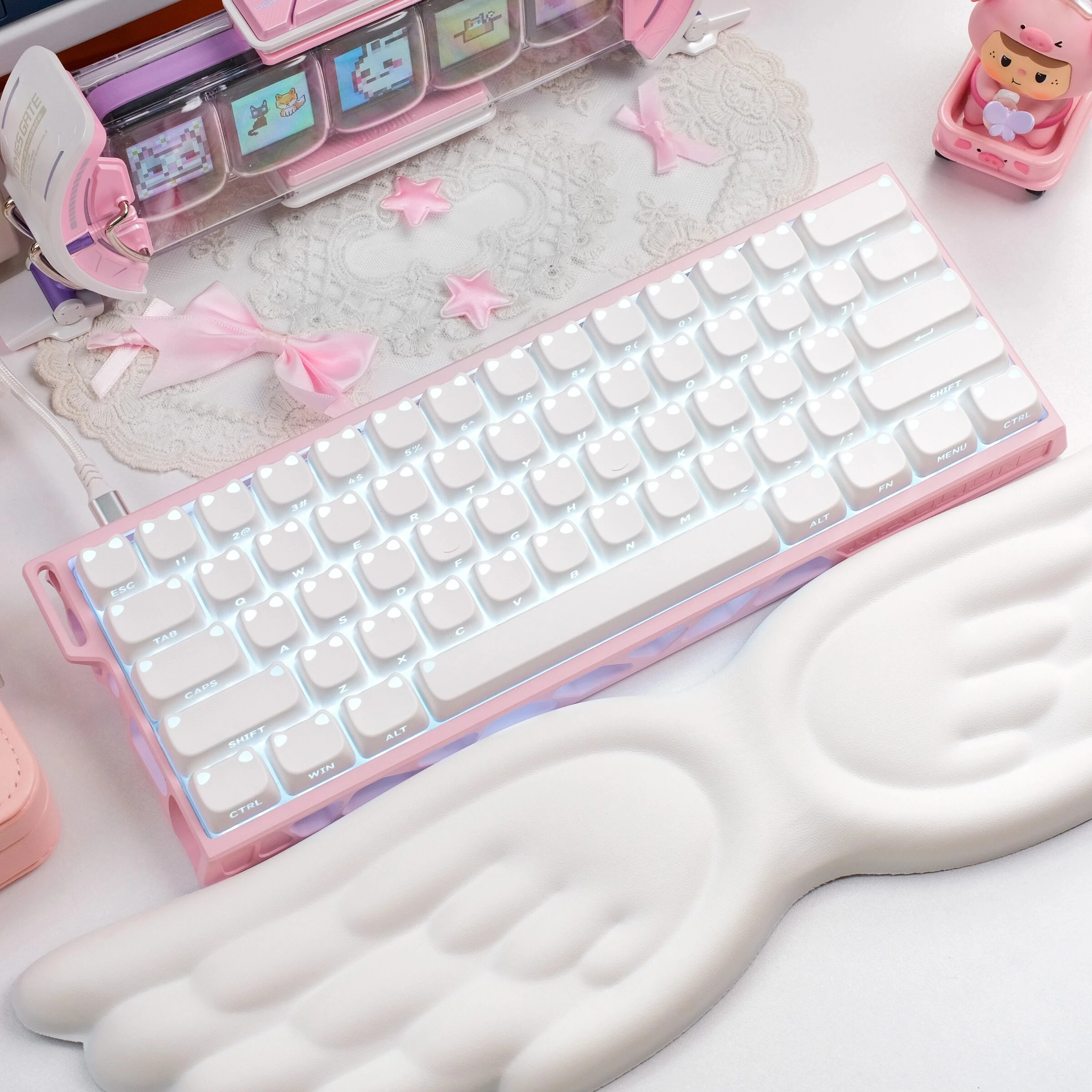 White Cute Cat Ear Double Shot PBT Keycaps Side Printed Shine Through Keycap MAO Profile for Cherry MX Switches Gaming Keyboard
