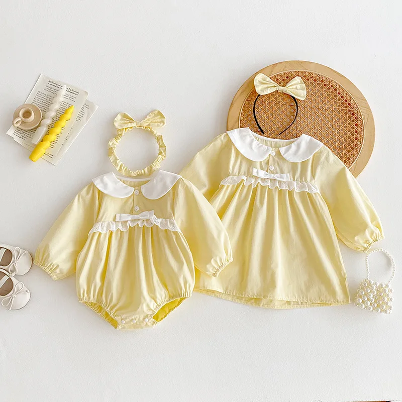 

2025 Yellow Baby Girls Dresses Long Sleeve Sister Outfits Autumn Clothes Infant Romper Big Sister Little Sister Matching Outfit