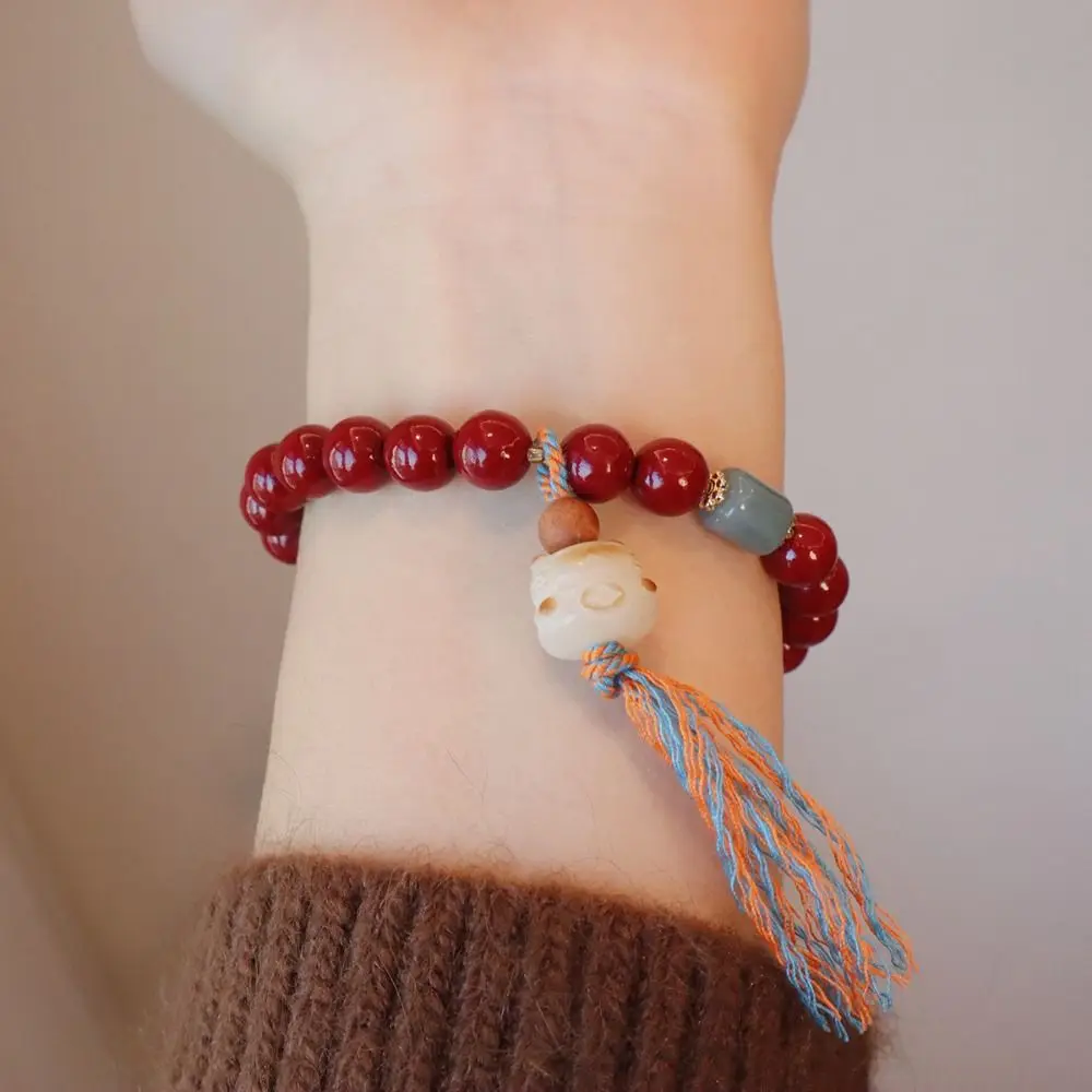 Vintage Fortune Red Vermilion Bracelet Elastic Good Luck Beads Bracelets Antiquities Zodiac New Chinese Style Bracelet Couple