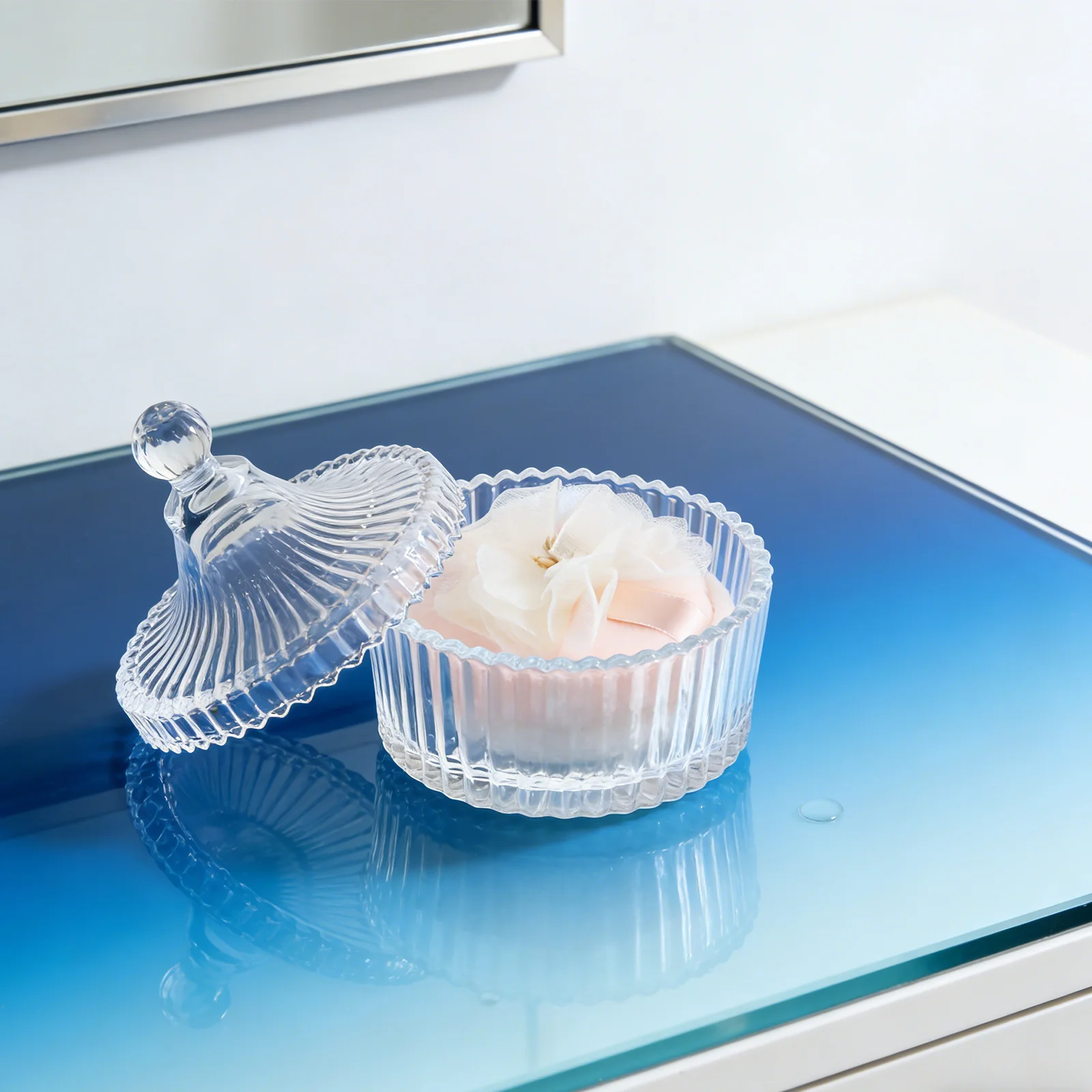 유리 케이스가 있는 파우더 퍼프, 루즈 파우더 및 세팅 파우더용 양면 원형 메이크업 어플리케이터, 부드러운 벨루어 페이스 바디 뷰티