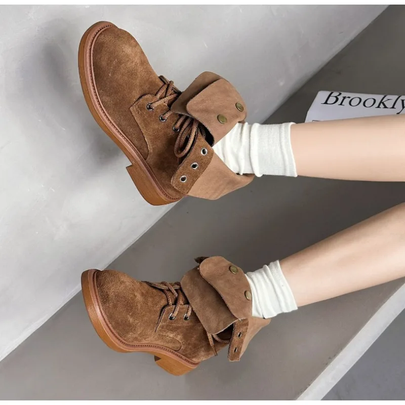 Motorcycle Boots Women Real Leather Retro Suede Lace Ankle Boots for Woman Handmade Platform Boots Designer Shoes Botas