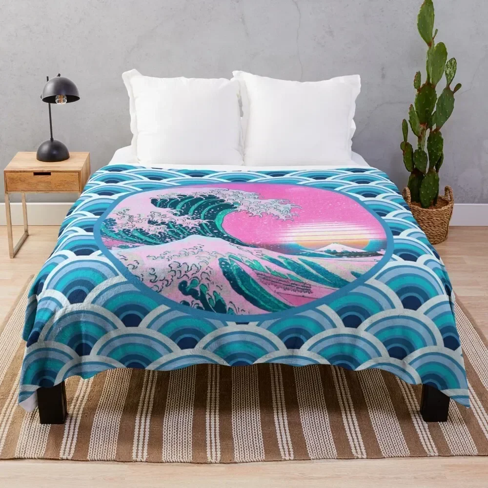 Vaporwave Aesthetic Great Wave Seigaiha Ocean Sunset Throw Blanket Furry Thermal Blankets