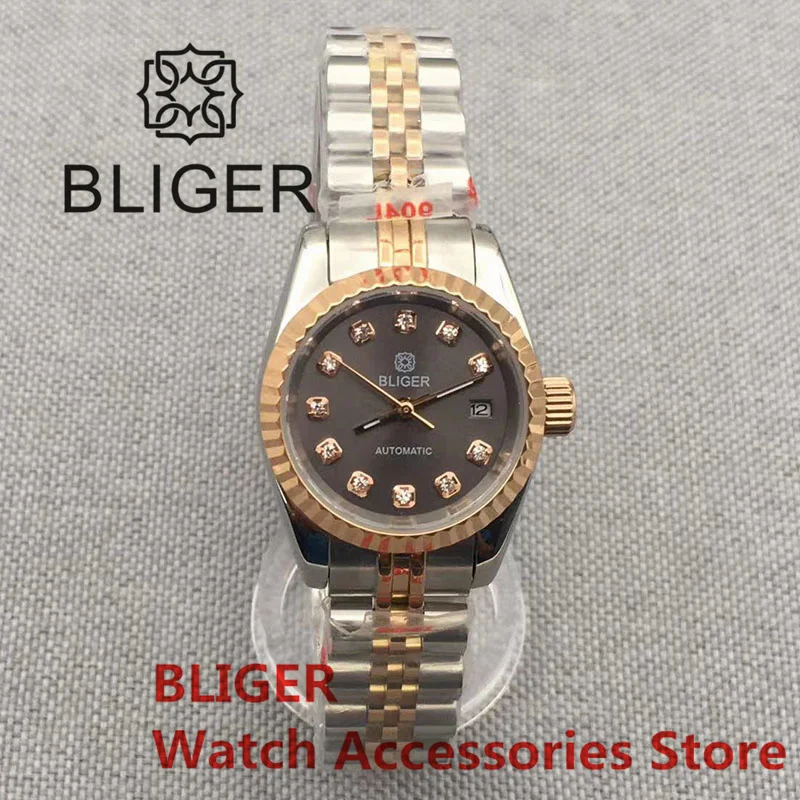 BLIGER 26mm Silver Rose Gold Lady's Watch NH05 Movement Stainless Steel Fluted Bezel Sapphire Crystal Red Gray DialDiamond Index