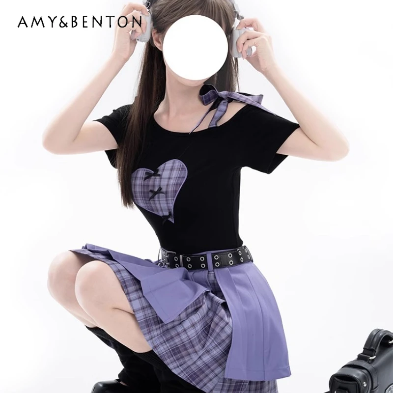 2024 New Japanese Style Off-the-Shoulder Short Sleeved Love Pattern T-shirt Top Purple Black Hot Girls Split Skirt Outfits Women