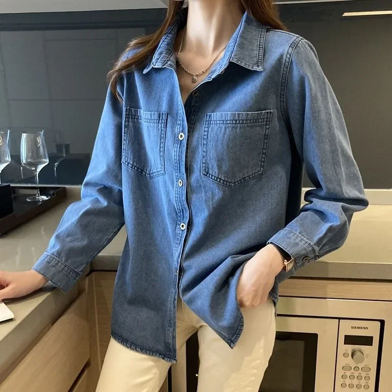 

Women Vintage Blue Denim Shirts Chic Casual Denim Jackets Spring Autumn All-Match Office Lady Commute Jackets Single Breasted