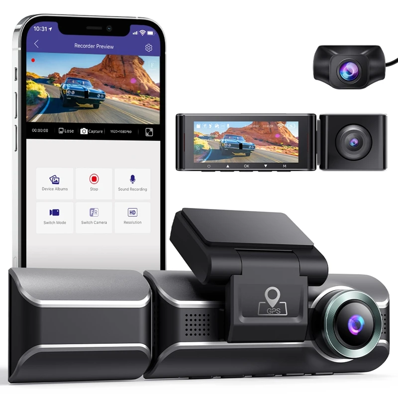 3 Channel Dash Cam, Front Inside Rear 3 Way Car Dash Camera, 4K+1080P Dual Channel, With GPS, Wifi, IR Night Vision