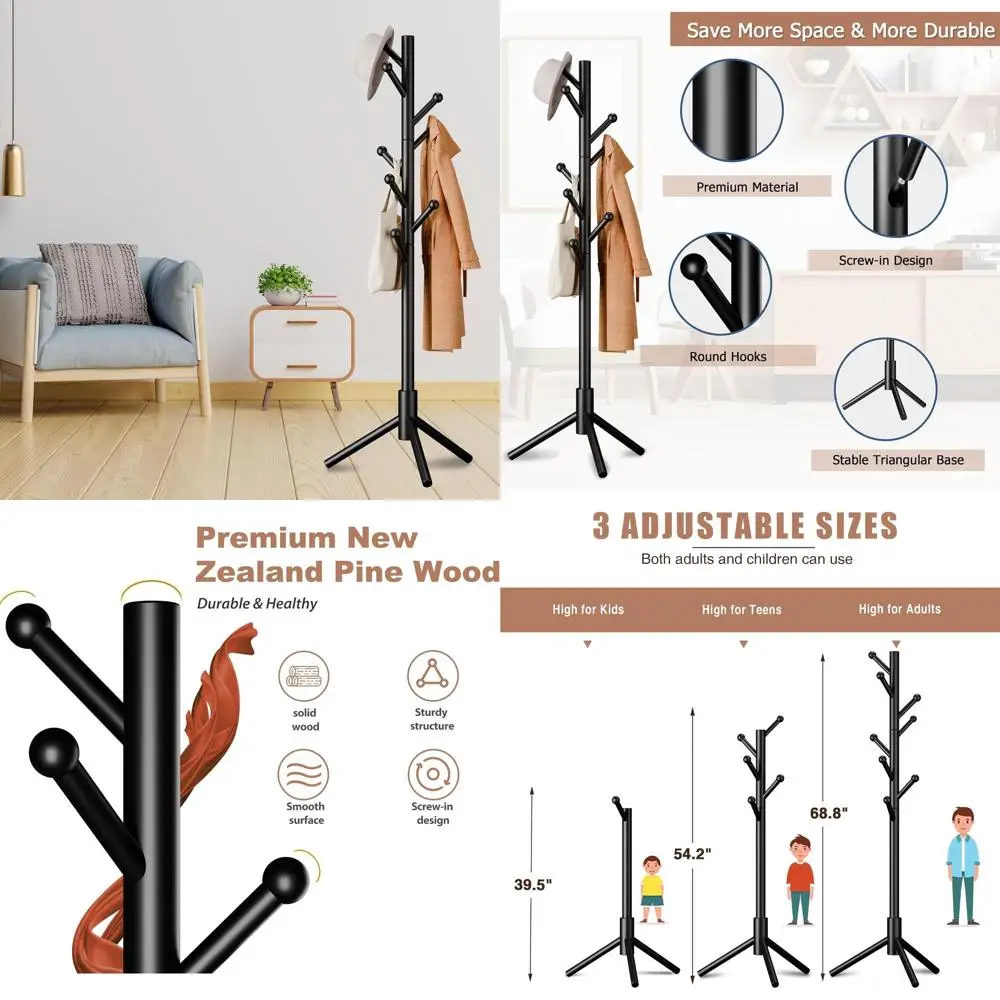 

8-Hook Adjustable Height Coat Rack for Entryway, Bedroom, or Hallway - Black