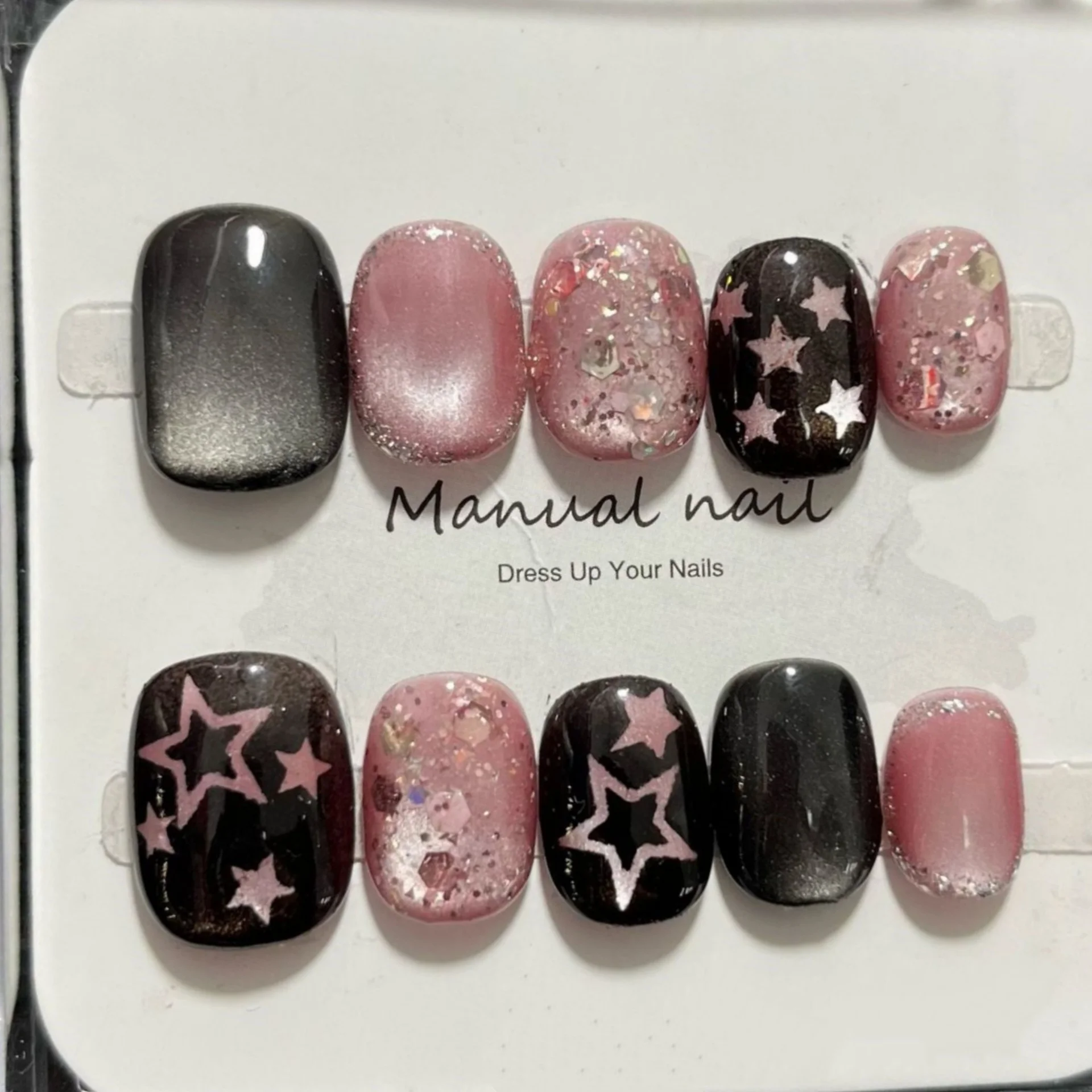 

10 шт. милых накладных ногтей ручной работы с эффектом кошачьего глаза, короткие круглые накладные ногти для девочек, с блестками и звездами, квадратные, для прессования