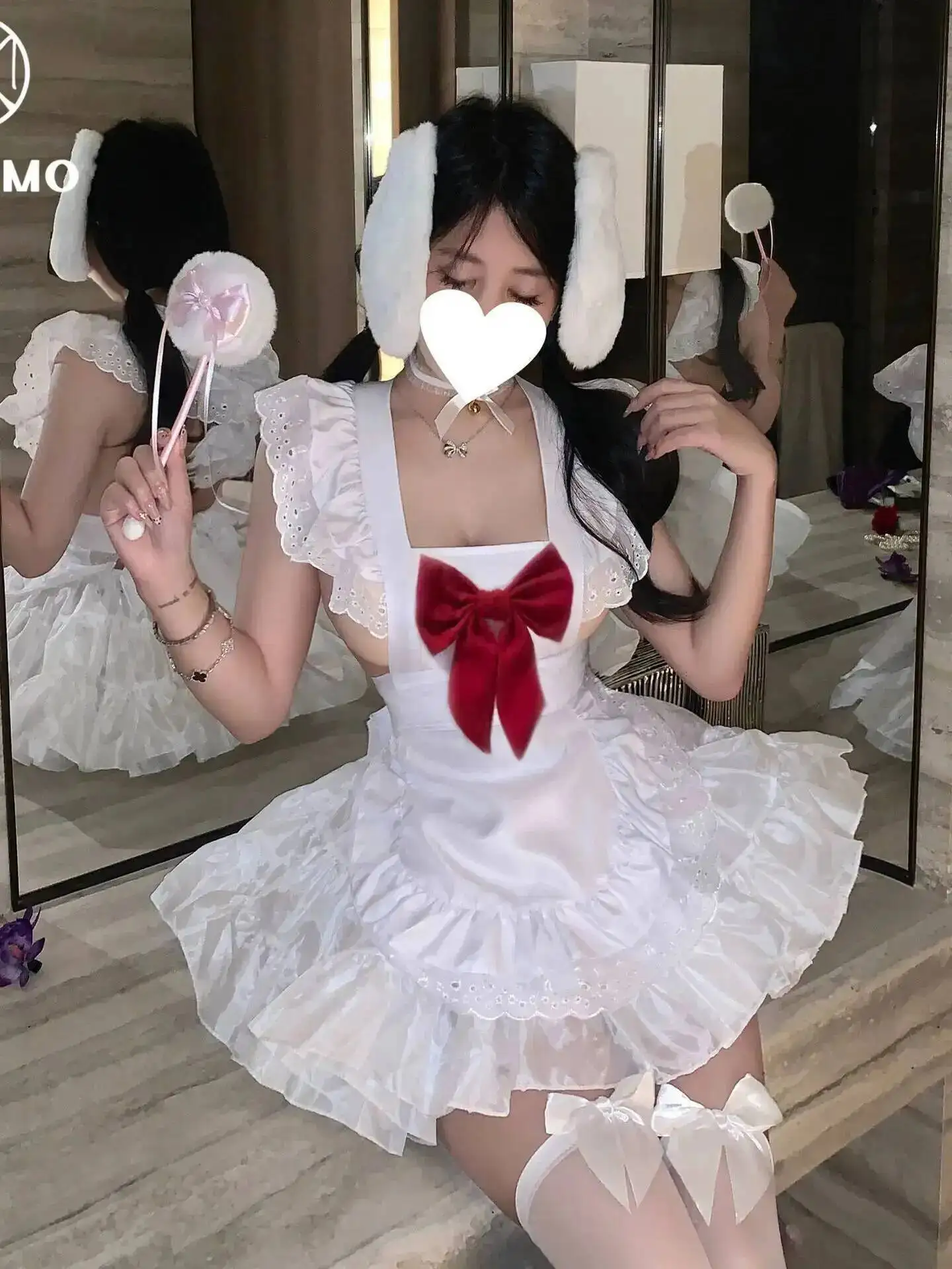 Pure Desire Backless Deep V Dress Casaul Suspenders Sleeveless Dress Charming Bowknot Maid Apron Lace Trimmed Dress Elegant BLND