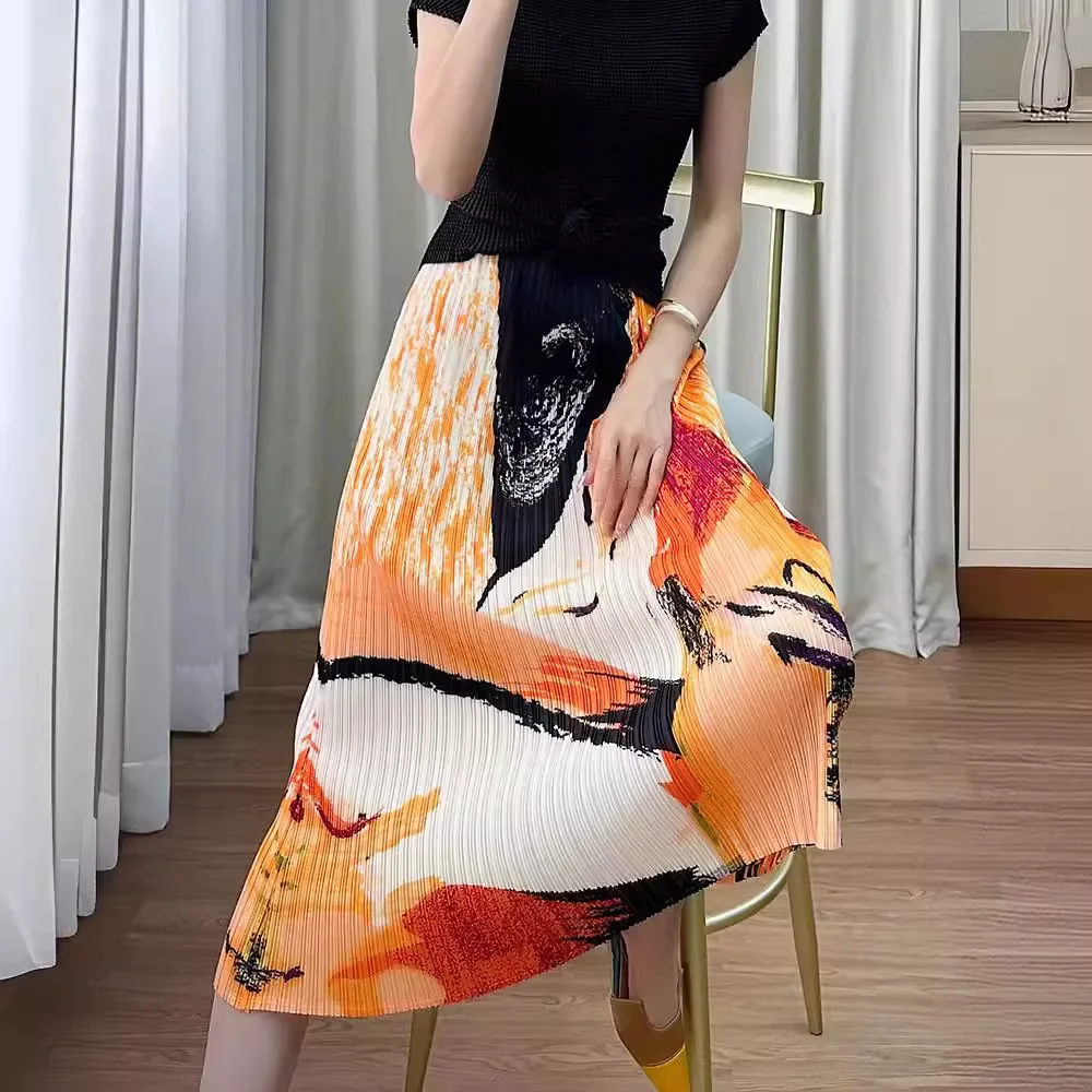 Miyake Pleated Printed Skirt Women's Casual Elastic Waist A-line Skirt High-end Comfortable Versatile Pleated Mid-length Skirt