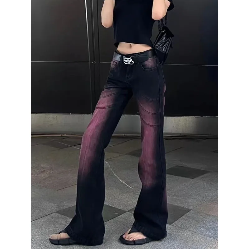 Jean Vintage Américain Violet pour Femme, Design High Street, Taille Basse, Fermeture Éclair, lèvent, Poches, Slim, Micro Flare, Pantalon Droit