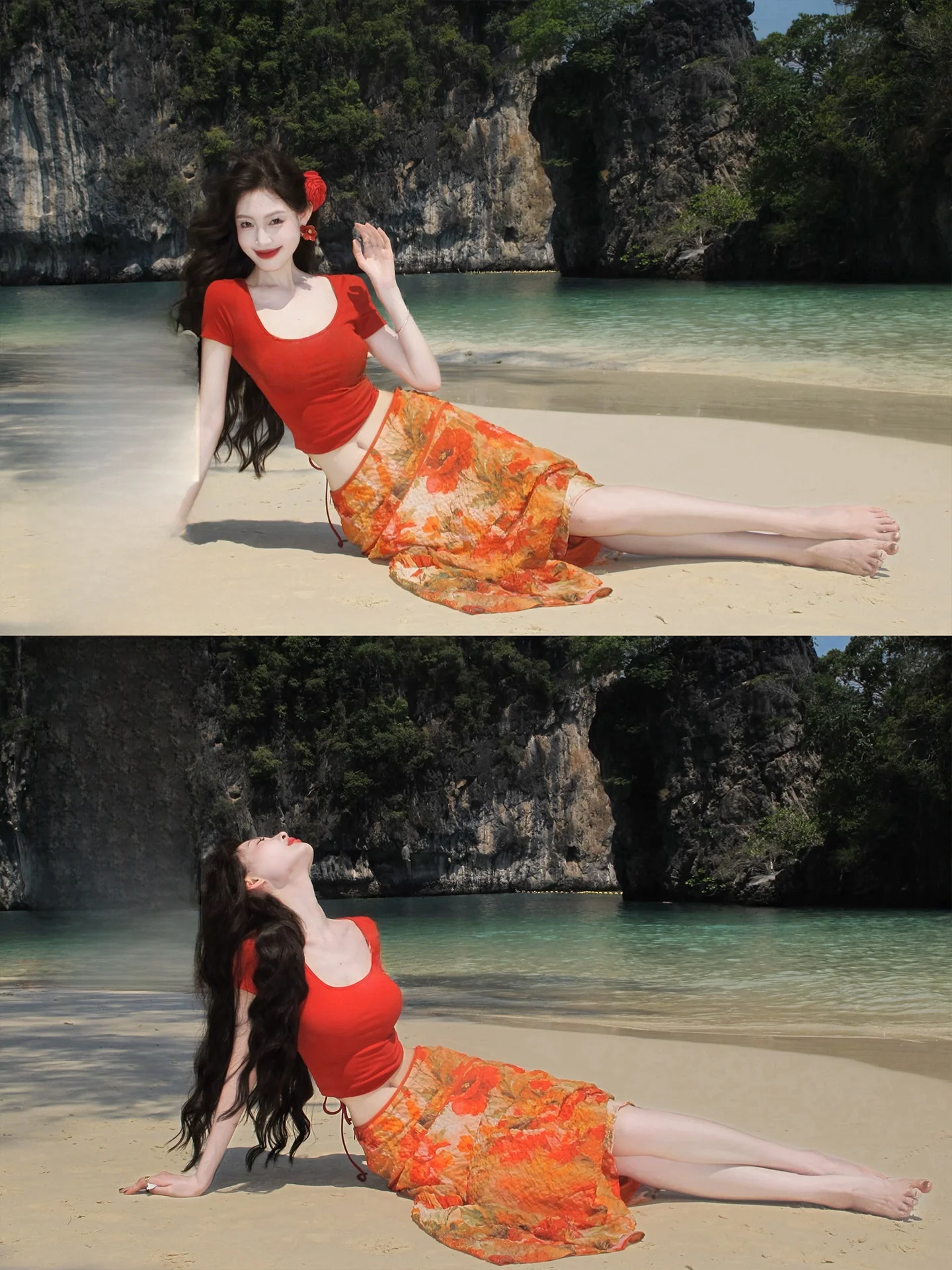 Vibrant Red T-Shirt Skirt Set Floral Oil Painting Design Half-length A-line Midi Skirt Casual Slim-fit Long-sleeve Knitted Top