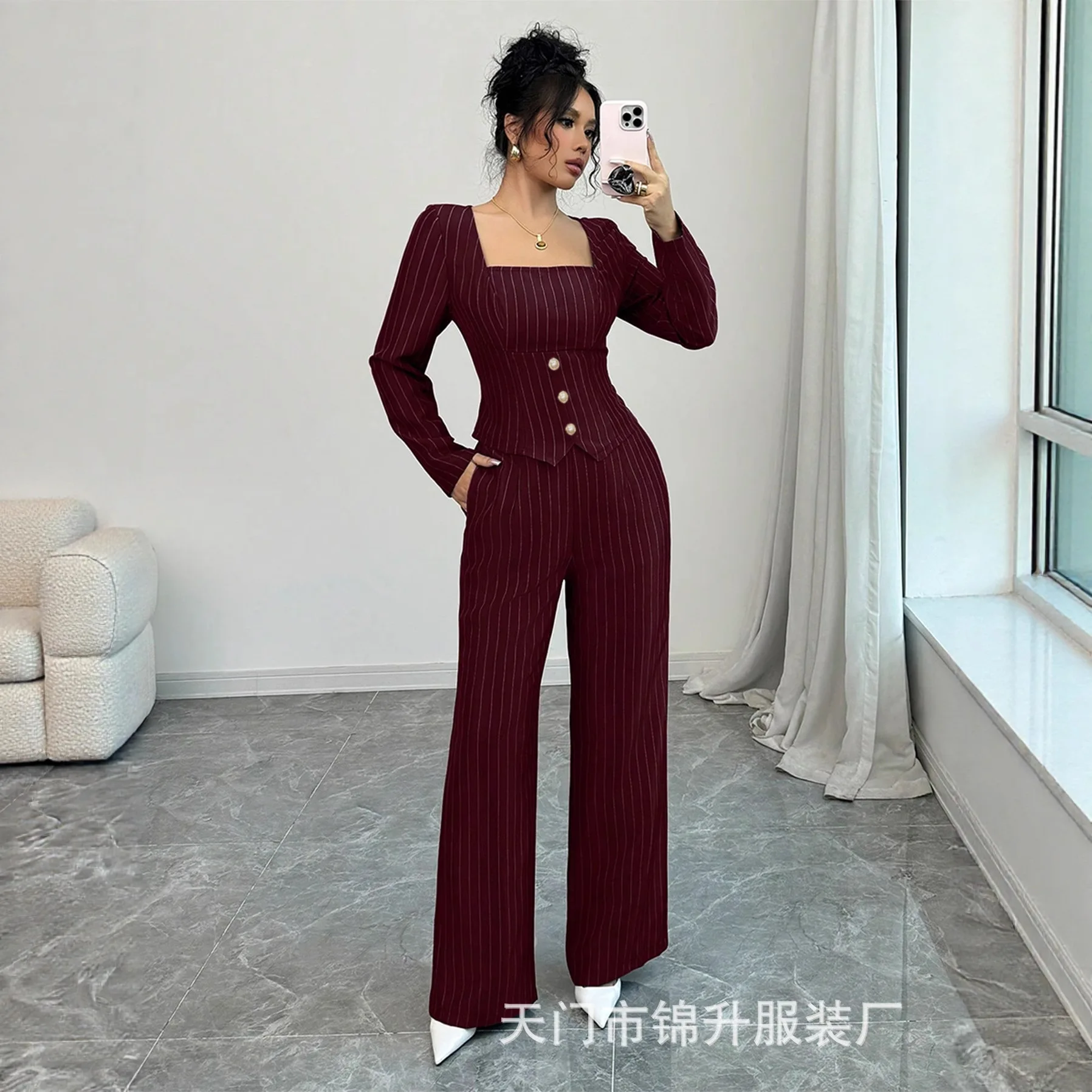 

Women's Elegant Striped Square-neck Slim-fit Long-sleeve Top And Wide-leg Pants Two-piece Set Wedding Dress Boho Beach Femme