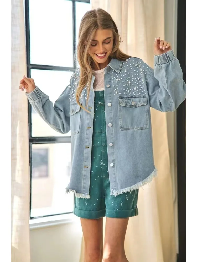 

Autumn Blue Denim Jacket Women Pearls New Jacket Streetwear Tassel Long Sleeve Loose Jeans Korean Fashion Vintage Women Clothing