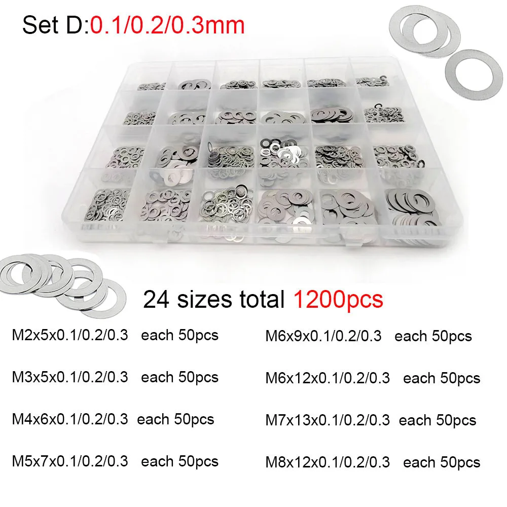 500/750/1200Pcs M2 M3 M4 M5 M6 M7 M8 304 A2 Stainless Steel Ultra Thin Washer Set Adjusting Shim Plain Gasket Assortment Kit Box