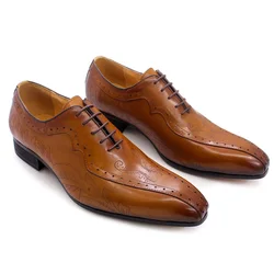 Chaussures provoqué Oxford en cuir véritable pour hommes, style italien, marron, noir, chaussures à lacets imbibées, chaussures formelles de mariage, haute qualité